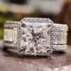 2.86 CT Square Radiant Cut Moissanite Engagement Ring, Pave Baguette And Round Moissanite