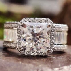 2.86 CT Square Radiant Cut Moissanite Engagement Ring, Pave Baguette And Round Moissanite