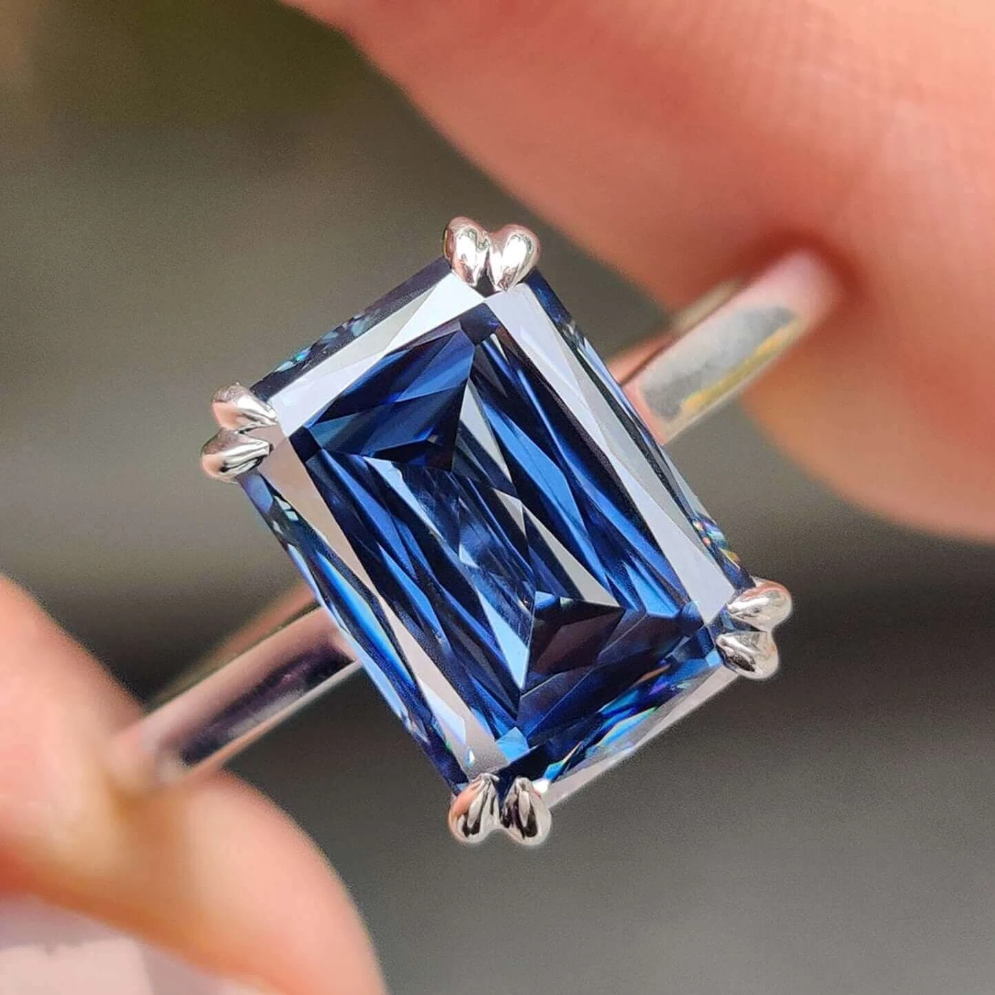 Royal Blue Criss Cut Moissanite Solitaire Engagement Ring