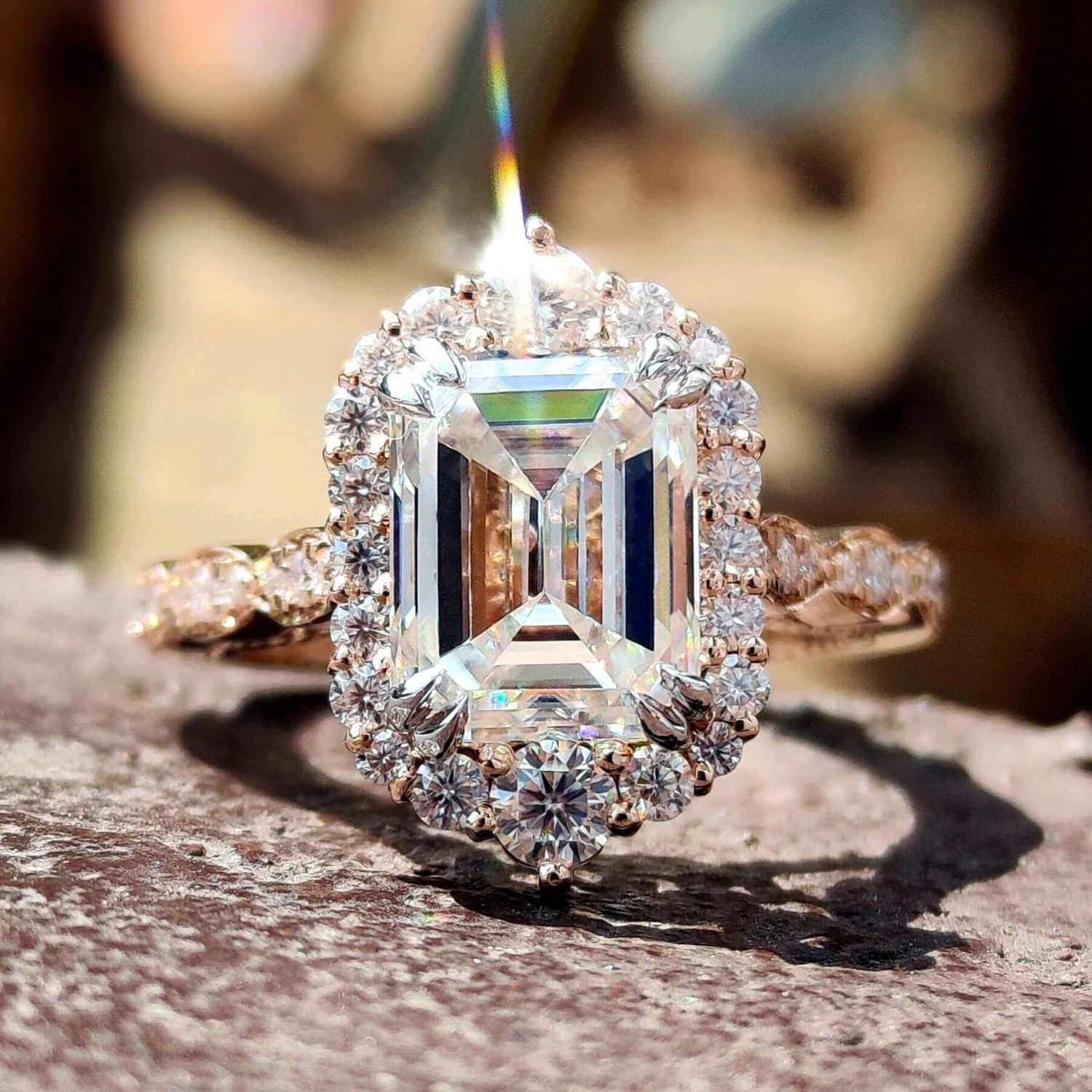 Vintage Inspired 3.94 TCW Emerald Cut Unique Moissanite Engagement Ring