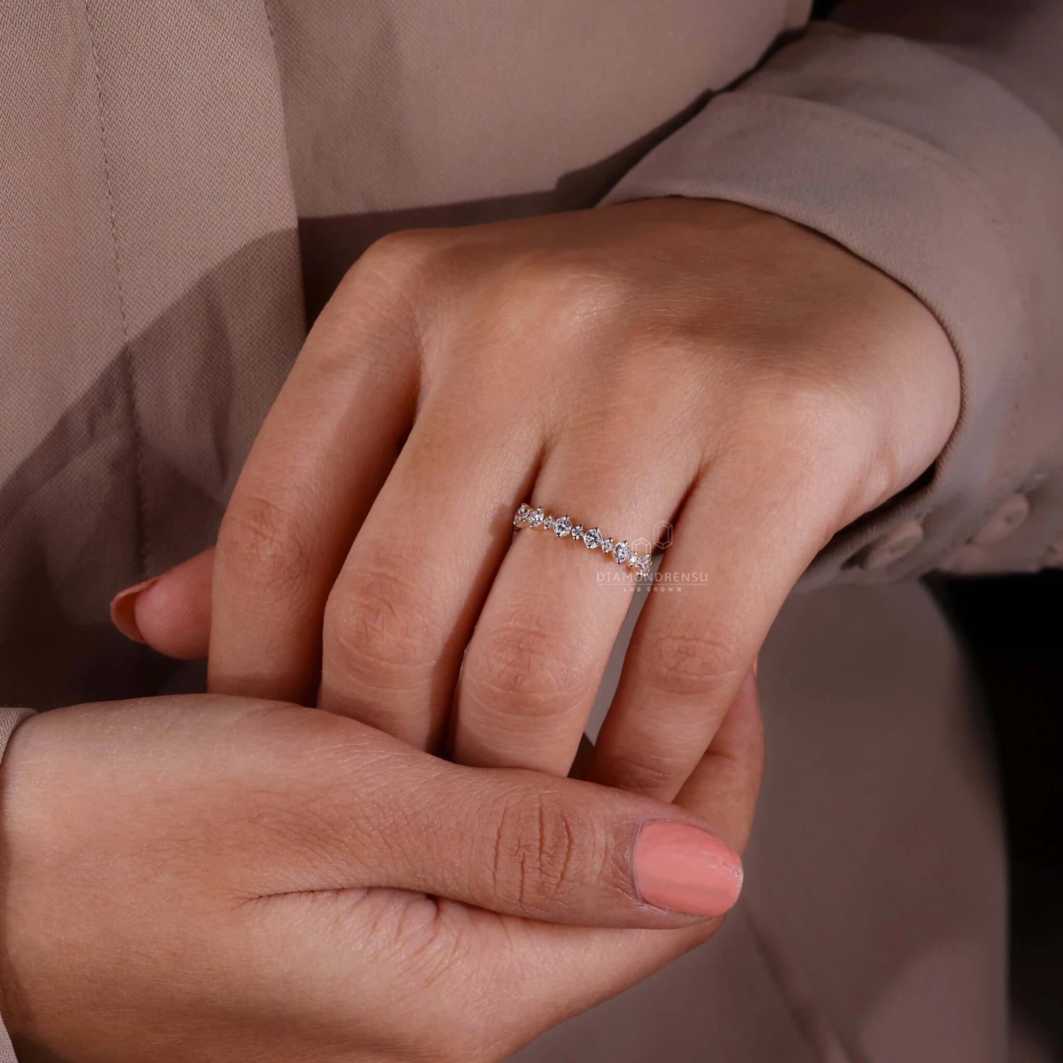 Floating Bubble Round Lab Grown Diamond Half Eternity Wedding Band - Image 8