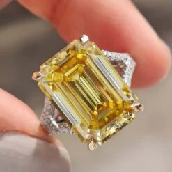 Celebrity Style Canary Yellow Emerald Moissanite Engagement Ring