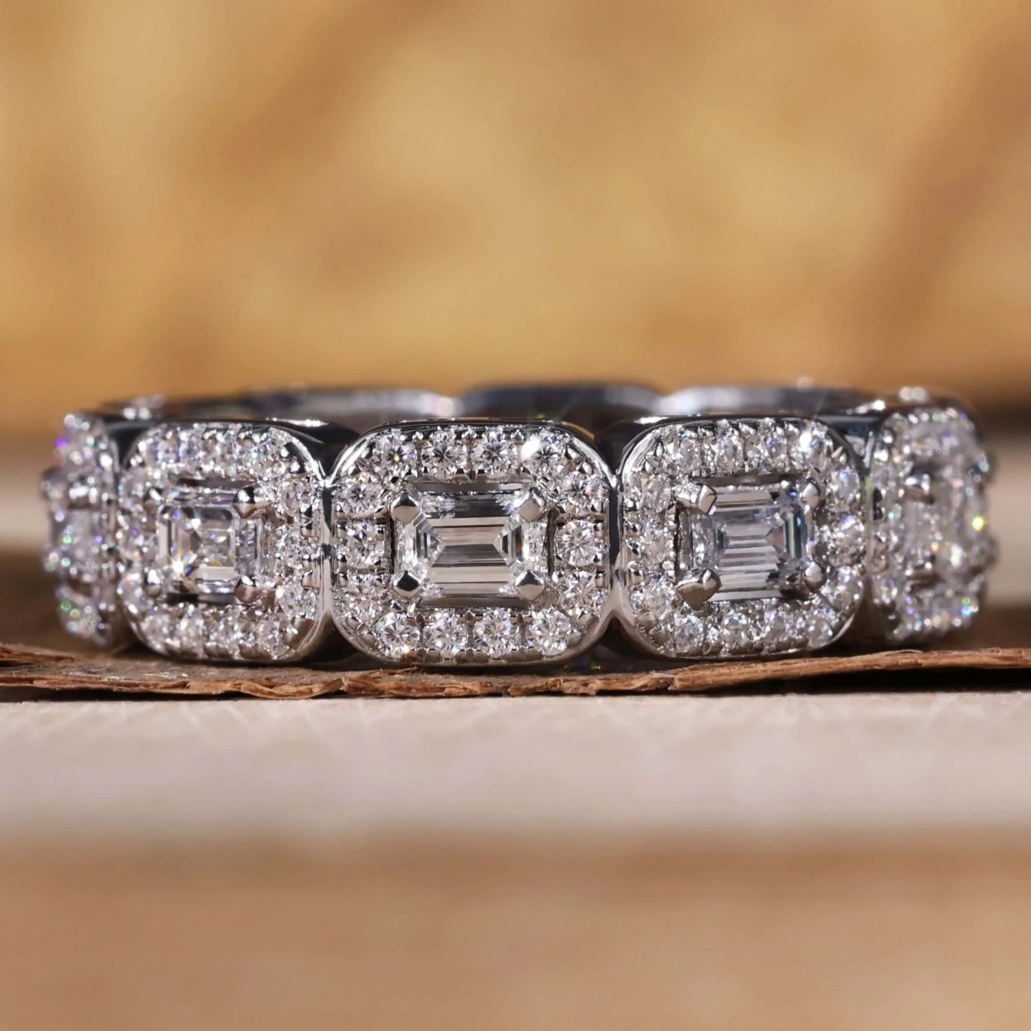 Emerald Cut Wedding Band, Lab Grown Diamond Eternity Band, Round Halo Band
