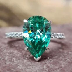Pear Cut Green Moissanite Engagement Ring, Five Prongs Set Handmade Ring For Women, Anniversary Gift Ring
