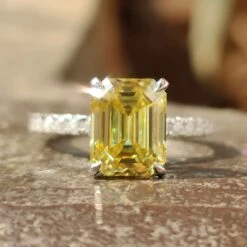 Canary Vivid Yellow 3.82 TCW Emerald Cut Unique Moissanite Engagement Ring
