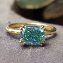 East To West Engagement Ring, 1.62 CT Radiant Cut Moissanite Engagement Ring, Cyan Blue Simple Solitaire Moissanite Ring