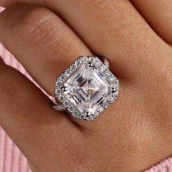 Cathedral Set Asscher Cut Moissanite Halo Engagement Ring