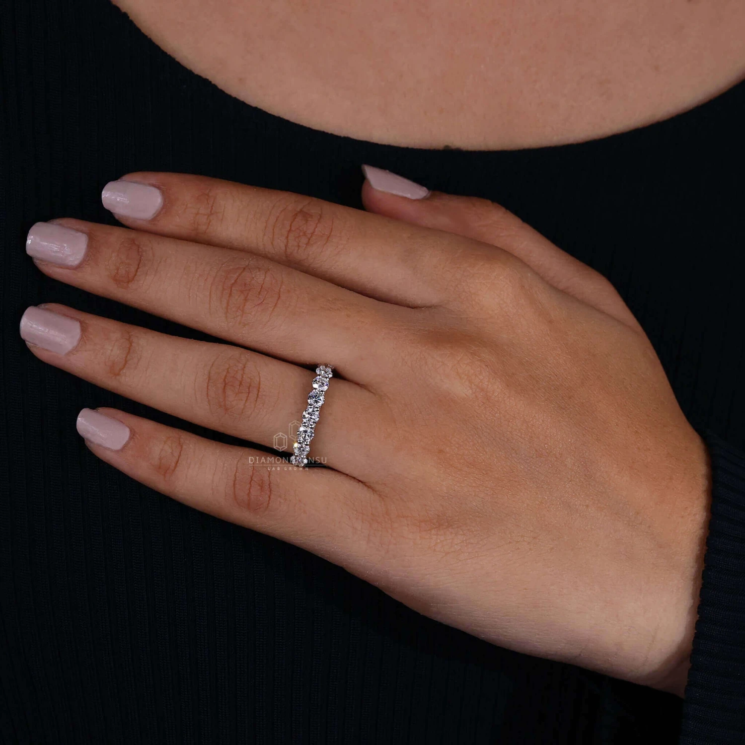 U Prong Micro Pave Wedding Band, Round Lab Grown Diamond Eternity Band - Image 5