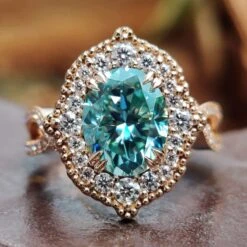 Oval Engagement Ring, Cyan Blue Moissanite Halo Engagement Ring