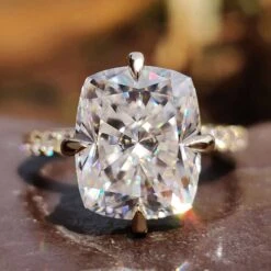 Compass Setting Cushion Moissanite Halo Engagement Ring