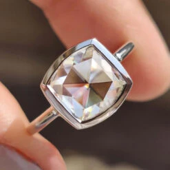 Unique Cushion Rose Cut Bezel Set Moissanite Solitaire Ring