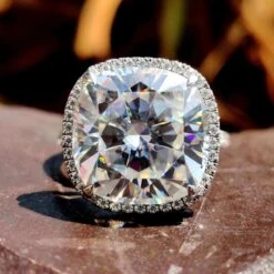 10.89 TCW Cushion And Round Cut Colorless Moissanite Halo Engagement Ring, Claw Prongs Ring, Pave Ring