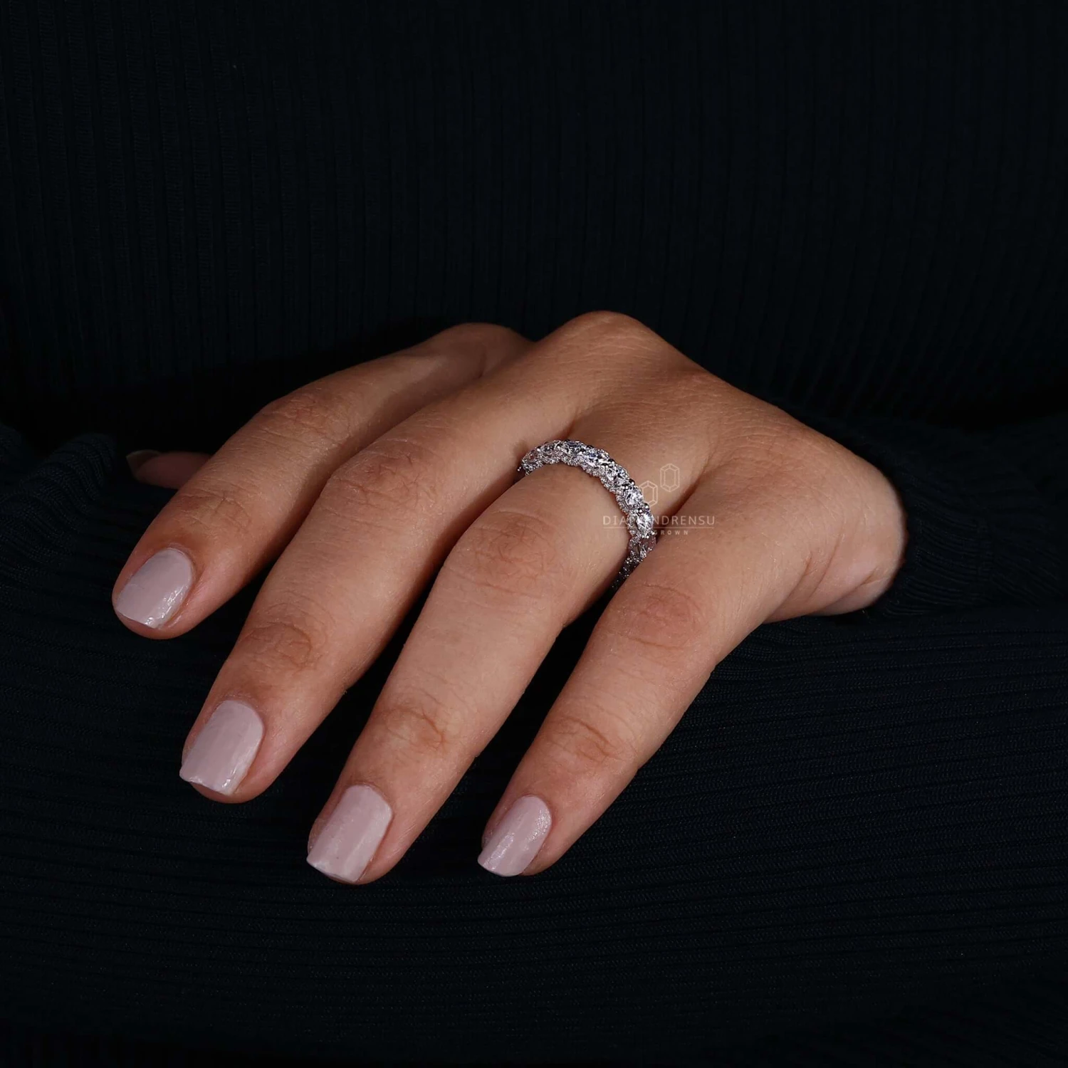 U Prong Micro Pave Wedding Band, Round Lab Grown Diamond Eternity Band - Image 4