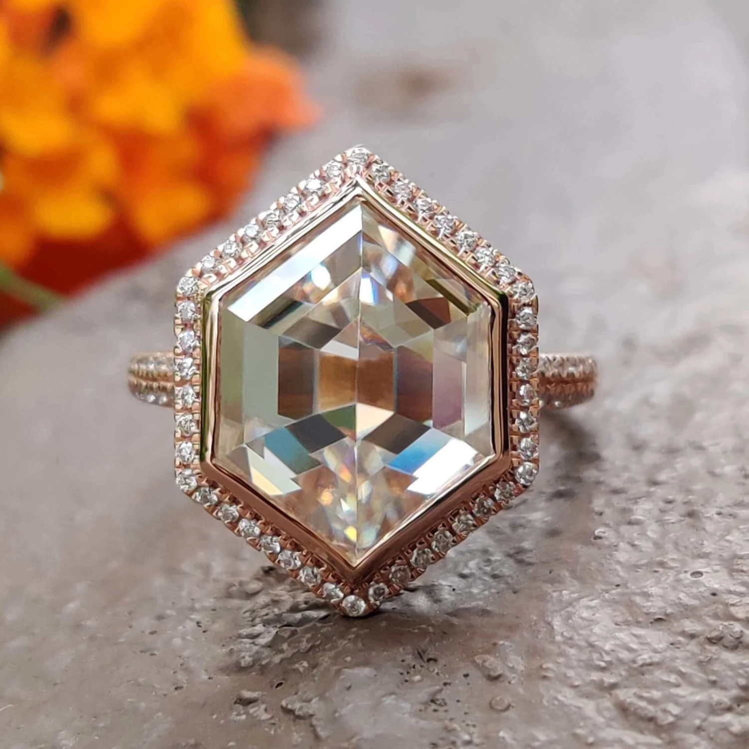 5.33 TCW Hexagon Rose Cut Dazzling Micro Pave Halo Engagement Ring