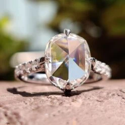 Delicate Compass Setting 3.28 TCW Cushion Rose Cut Tapered Pave Moissanite Ring