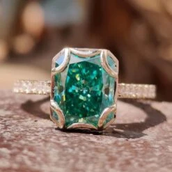 Vintage Style Engagement Ring, 3.30 CT Radiant Cut Green Moissanite Ring