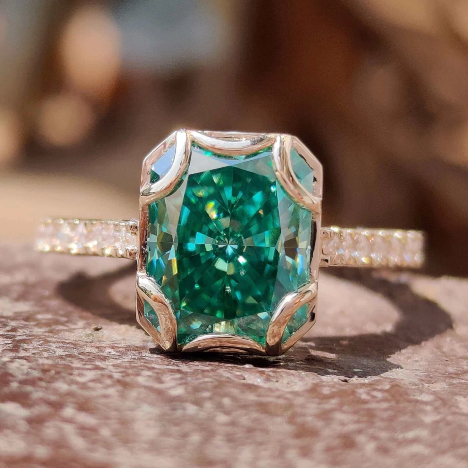 Vintage Style Engagement Ring, 3.30 CT Radiant Cut Green Moissanite Ring
