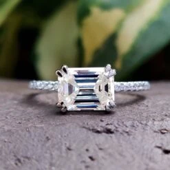 2.30 TCW Emerald Cut East To West Moissanite Engagement Ring, Pave Setting Anniversary Gift Ring