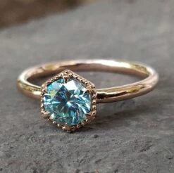 Unique Hexagonal Milgrain 0.8 CT Round Cut Bezel Set Engagement Ring