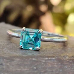 Amazing 1.45 CT Cyan Blue Asscher Step Cut Solitaire Engagement Ring