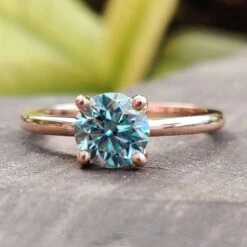 Round Cyan Blue Solitaire Moissanite Engagement Ring