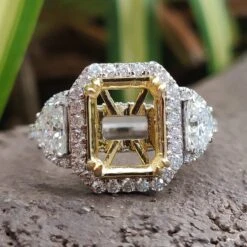 Semi Mount Ring 1.67 TW Half-Moon And Round Cut Three Stones Halo Ring