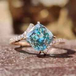 2.26 TCW Cyan Blue Cushion Rensu Cut Bypass Pave Moissanite Engagement Ring