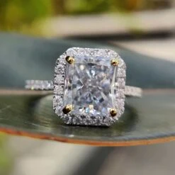 Unique 4.41 TCW Radiant Gray Moissanite Two-Tone Halo Engagement Ring