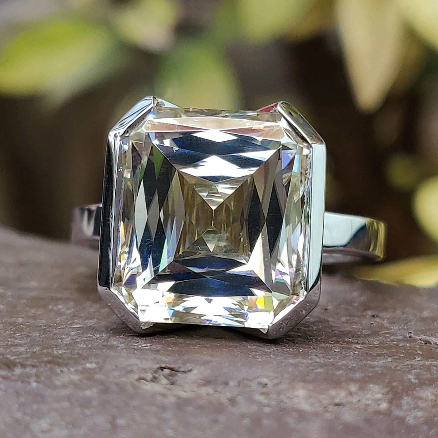 Unique 9.14 CT Criss Cut Moissanite Half Bezel Set Solitaire Engagement Ring