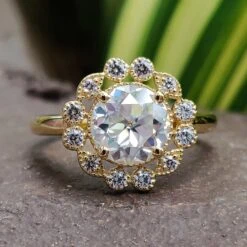 Floral Style Round OEC Moissanite Halo Engagement Ring
