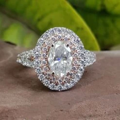 5.60 TW Oval Cut Moissanite Split Shank Double Halo Pave Moissanite Ring