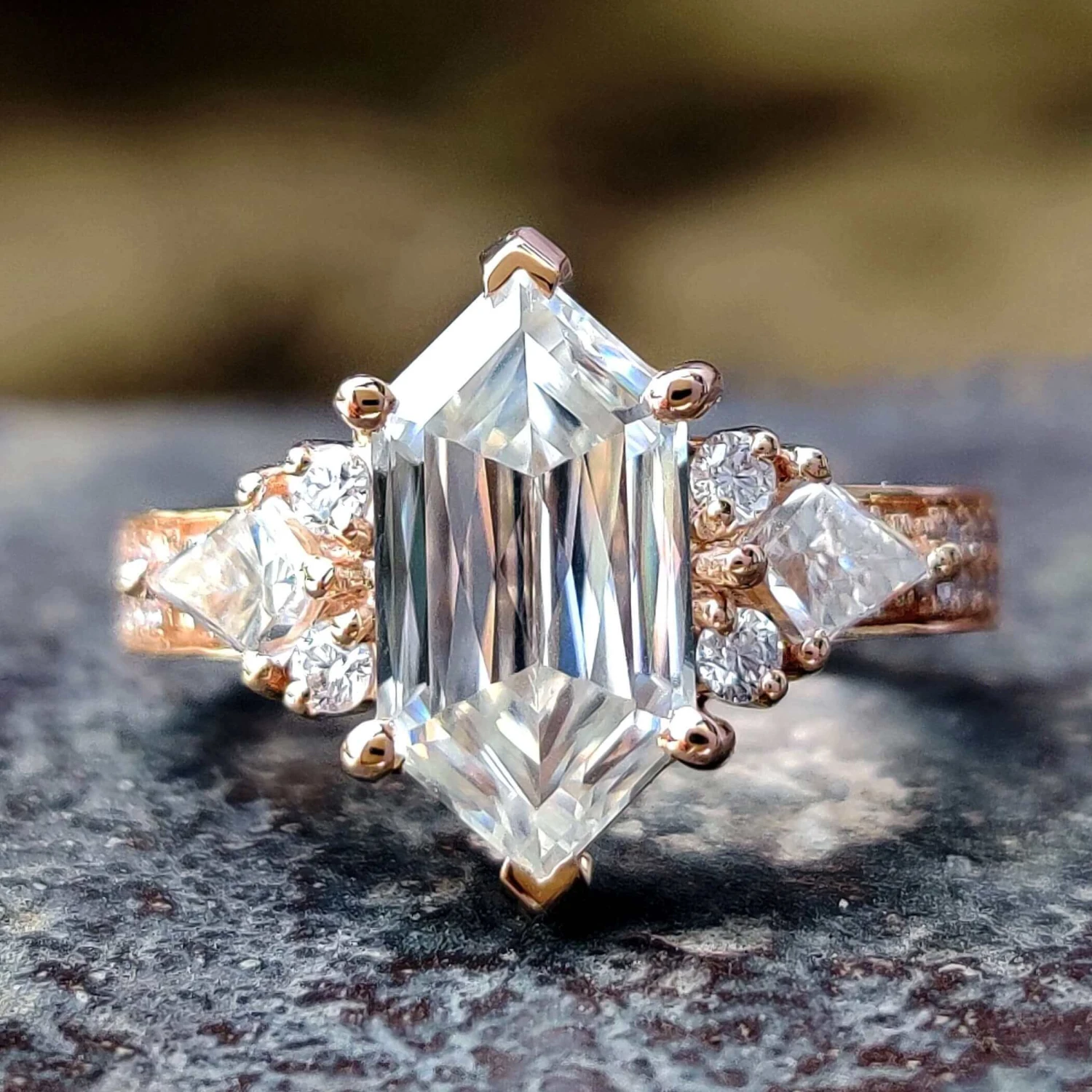 Dual Row Pave Set Vintage Inspired 2.66 TW Hexagon Criss Cut Unique Moissanite Engagement Ring