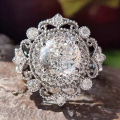 Antique Vintage 5.79 TCW Portuguese Cut Filigree Halo Moissanite Engagement Ring