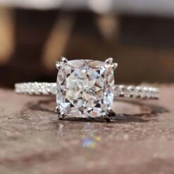 2.15 TW Cushion Rensu Cut Hidden Accent Pave Set Unique Moissanite Engagement Ring