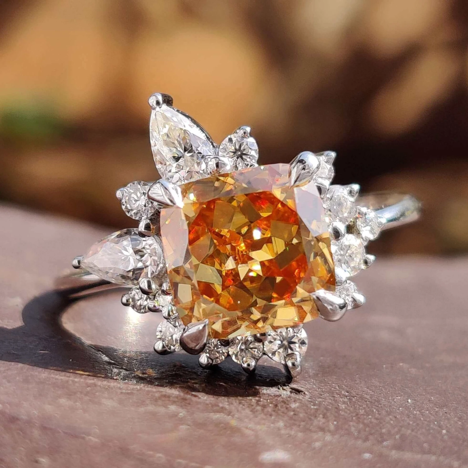 Vintage Style Engagement Ring, 2.3 TW Orange Cushion Rensu Cut Anniversary Gift Ring