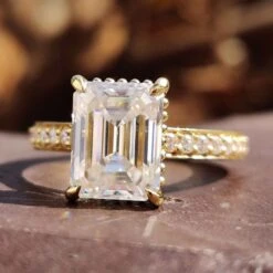 2.82 TC Colorless Emerald Cut Moissanite Cathedral Pave Set Affordable Moissanite Engagement Ring