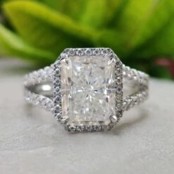 3.58 TCW Radiant Cut Split Shank Moissanite Halo Engagement Ring