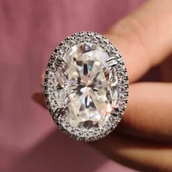 Two Side Halo Ring, 14.03 Carat Oval Cut Engagement Ring, Double Claw Prong Setting Ring