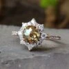 Sun Flower Halo Engagement Ring With Champagne Round Rose Cut Moissanite