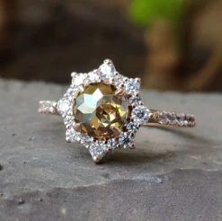 Sun Flower Halo Engagement Ring With Champagne Round Rose Cut Moissanite