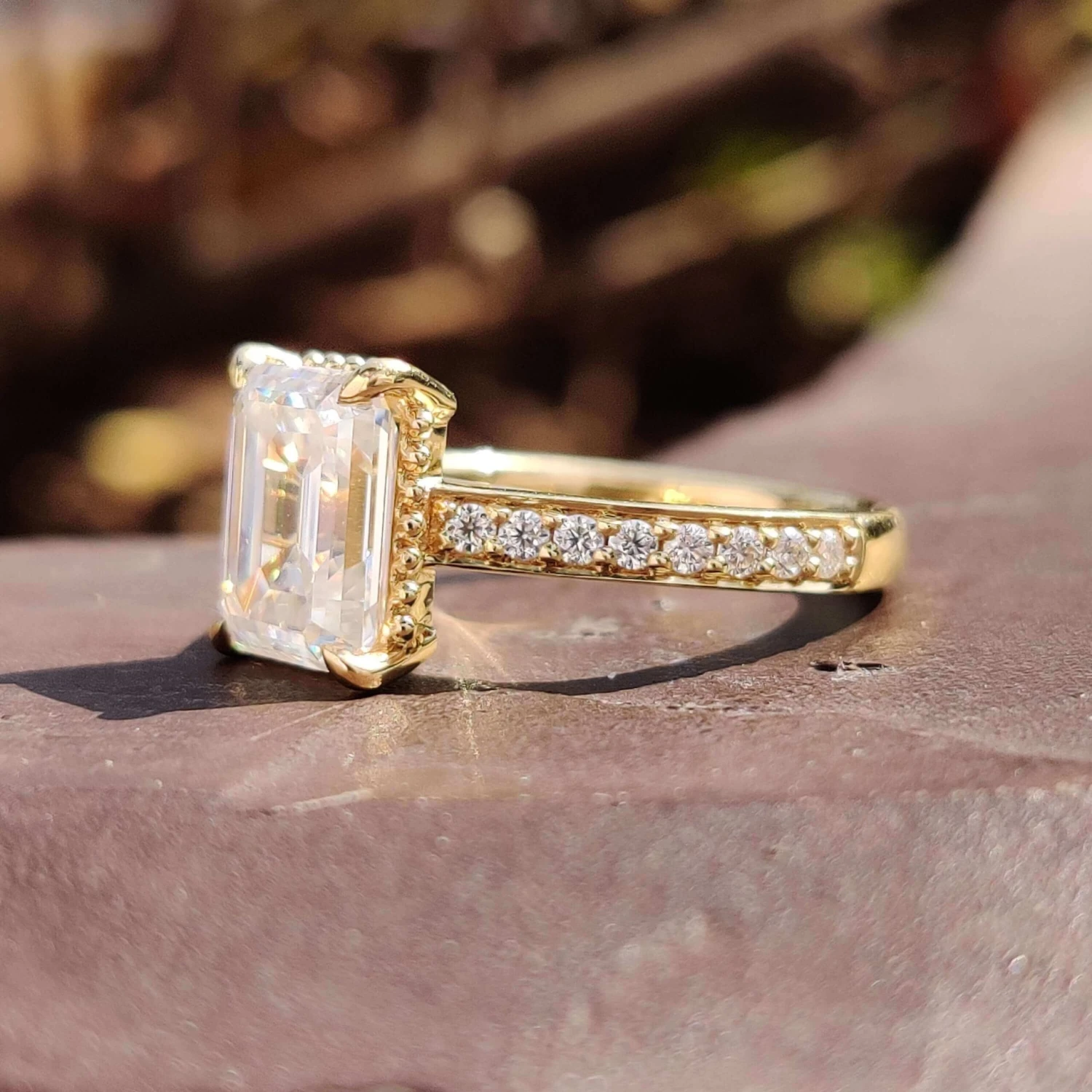 2.82 TC Colorless Emerald Cut Moissanite Cathedral Pave Set Affordable Moissanite Engagement Ring - Image 5