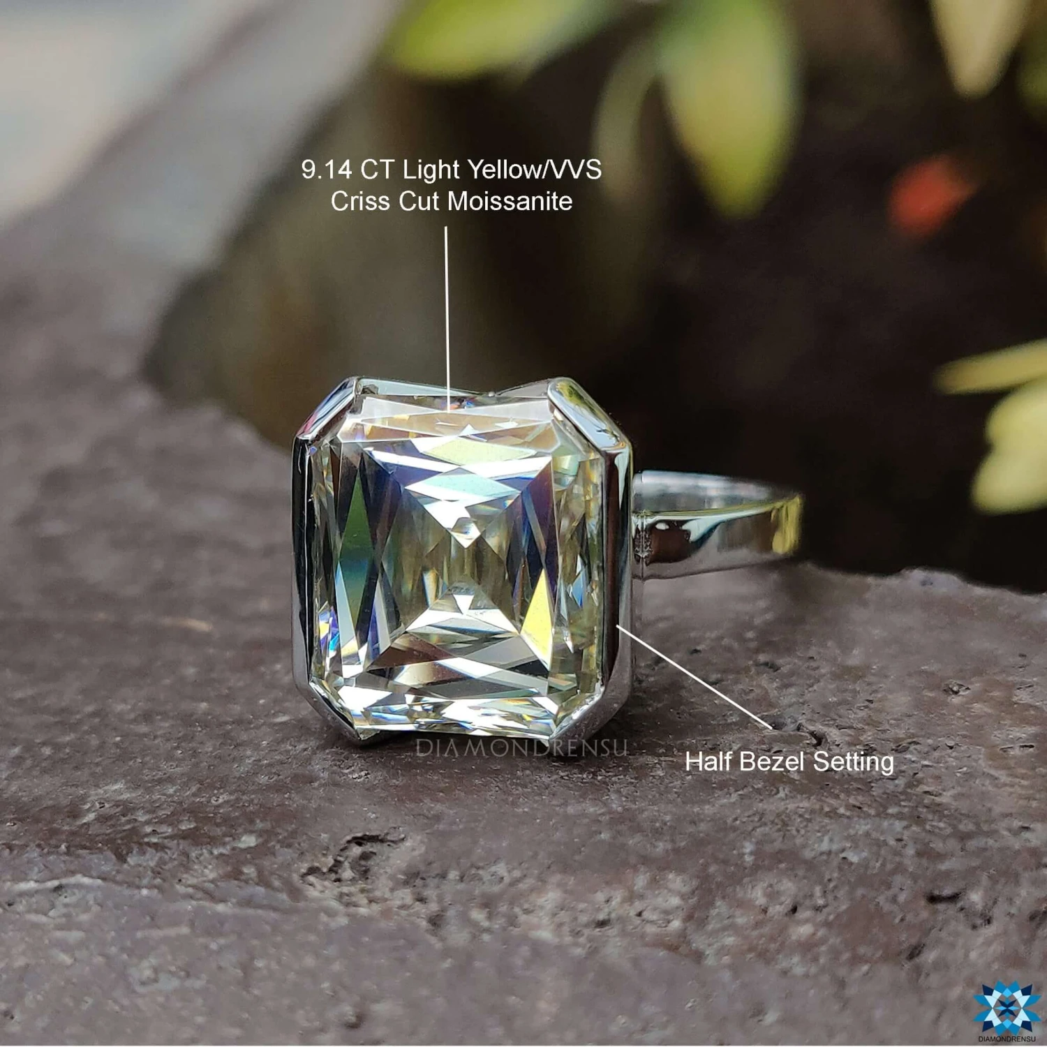 Unique 9.14 CT Criss Cut Moissanite Half Bezel Set Solitaire Engagement Ring - Image 9