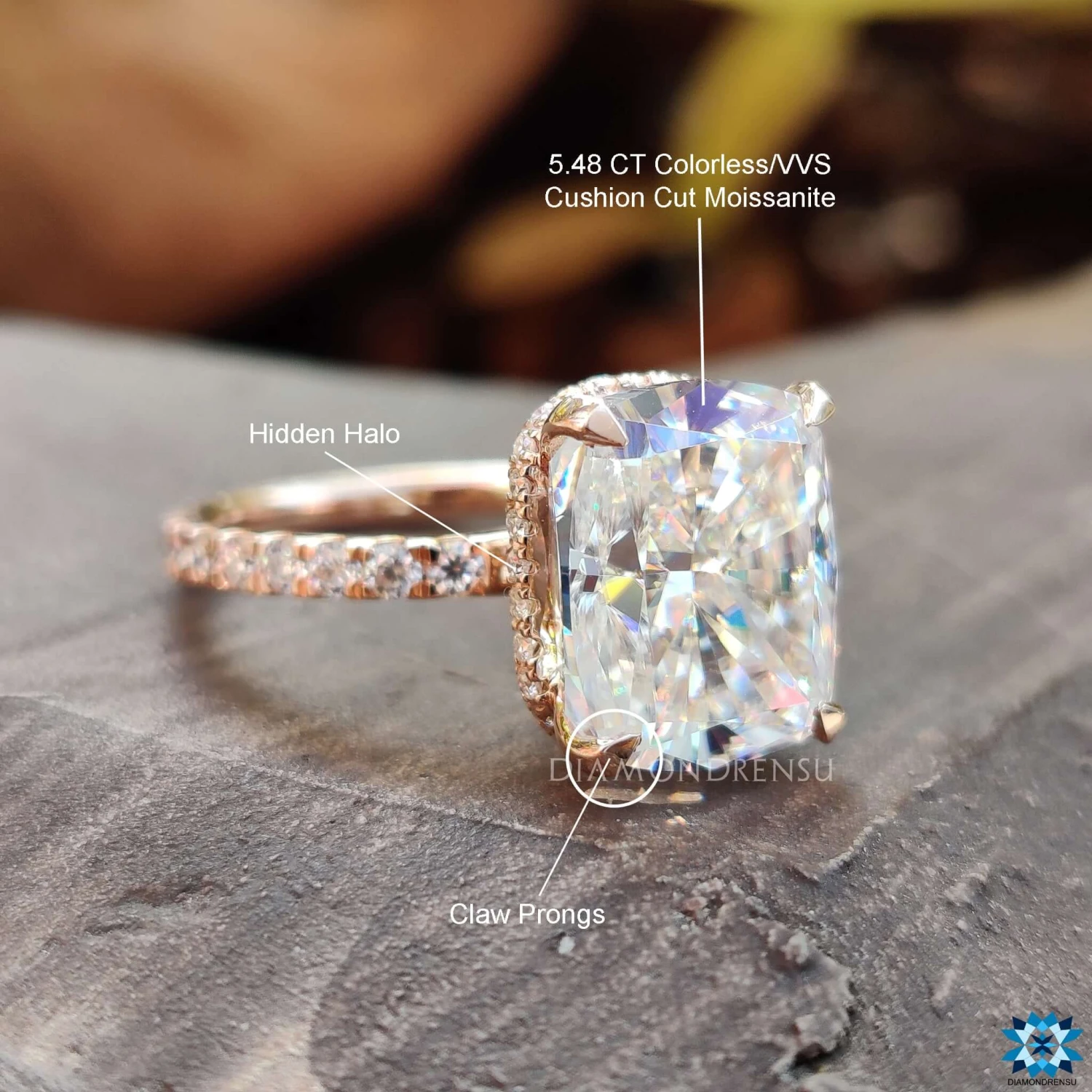 Cushion Cut Moissanite Engagement Ring, 6.13 TW Hidden Halo Pave Set Moissanite Ring - Image 5