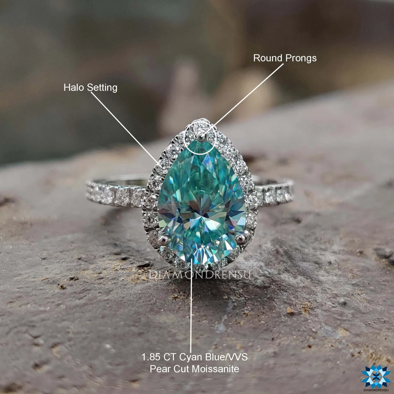 2.30 TCW Cyan Blue Pear Cut Halo Pave Moissanite Wedding Ring - Image 9