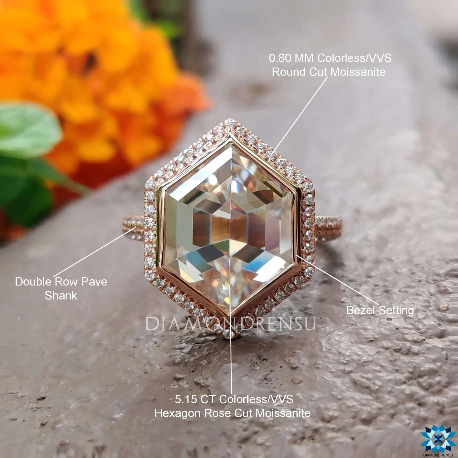 5.33 TCW Hexagon Rose Cut Dazzling Micro Pave Halo Engagement Ring - Image 9