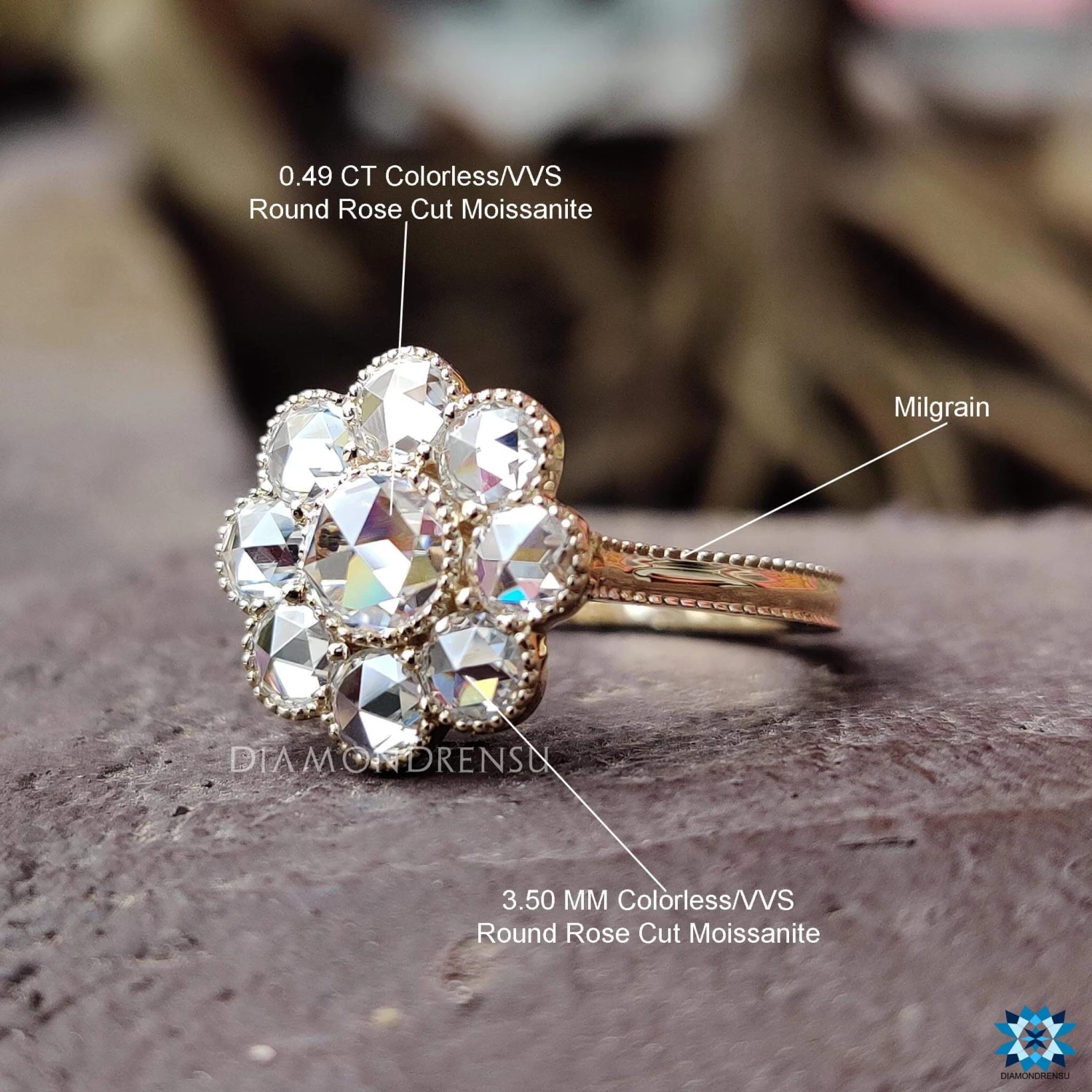 1.72 TCW Round Rose Cut Dazzling Cluster Halo Moissanite Engagement Ring - Image 9