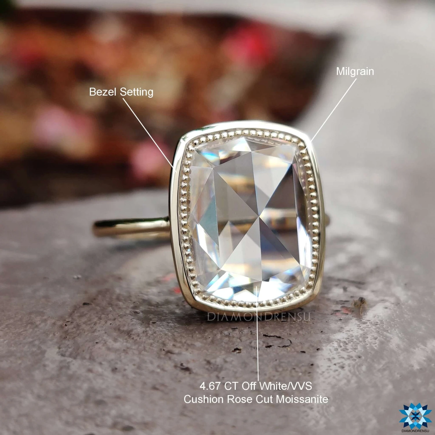 4.67 CT Cushion Rose Cut Milgrain Bezel Set Unique Open Gallery Simple Solitaire Moissanite Engagement Ring - Image 9