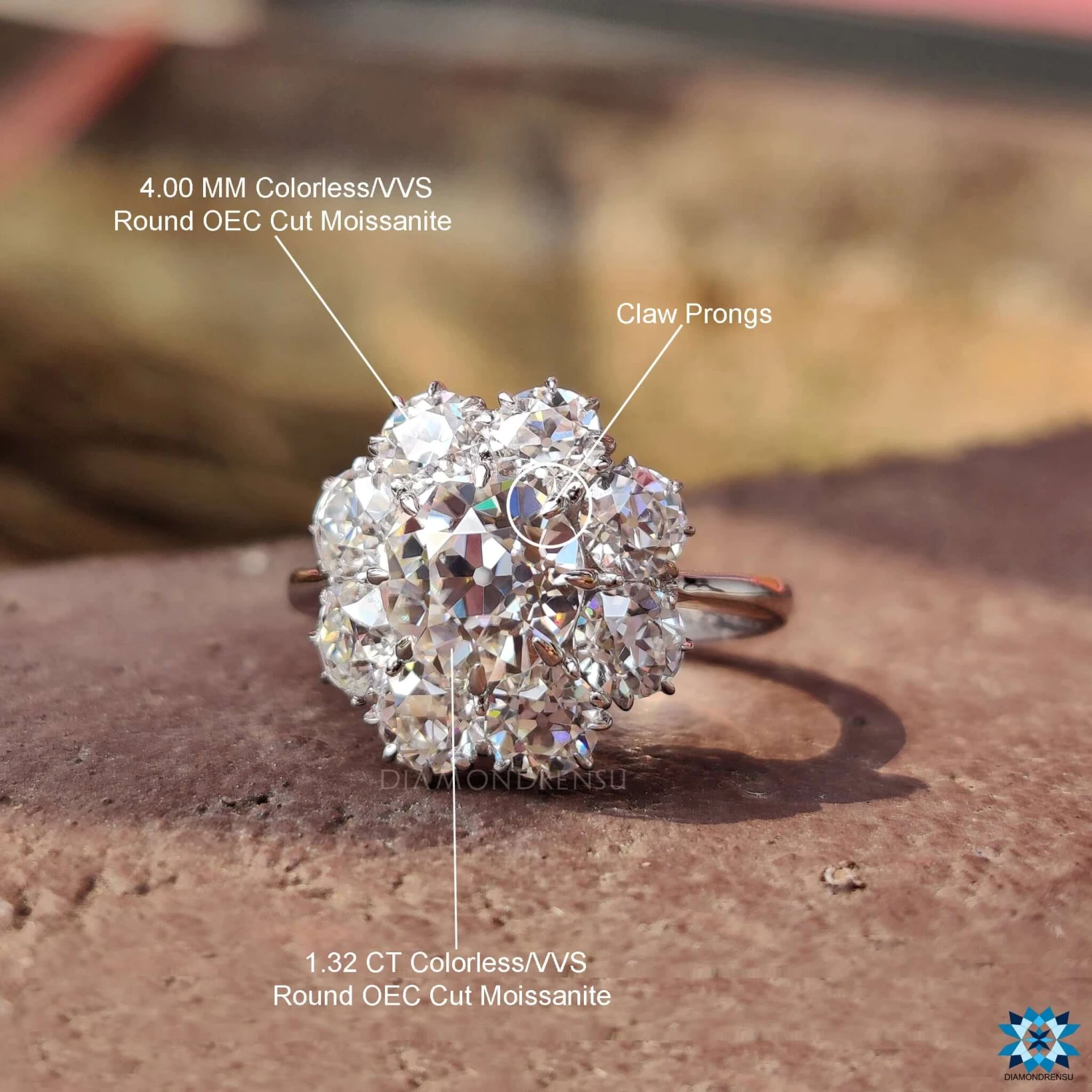 Cluster Halo 3.41 TW Old European Cut Moissanite Wedding Ring - Image 9