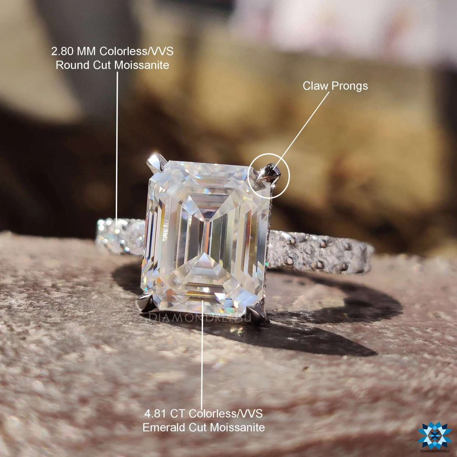 Emerald Cut 6.70 TW Moissanite Invisible Halo Engagement Ring, U Shape Pave Shared Prong Unique Moissanite Engagement Ring - Image 8