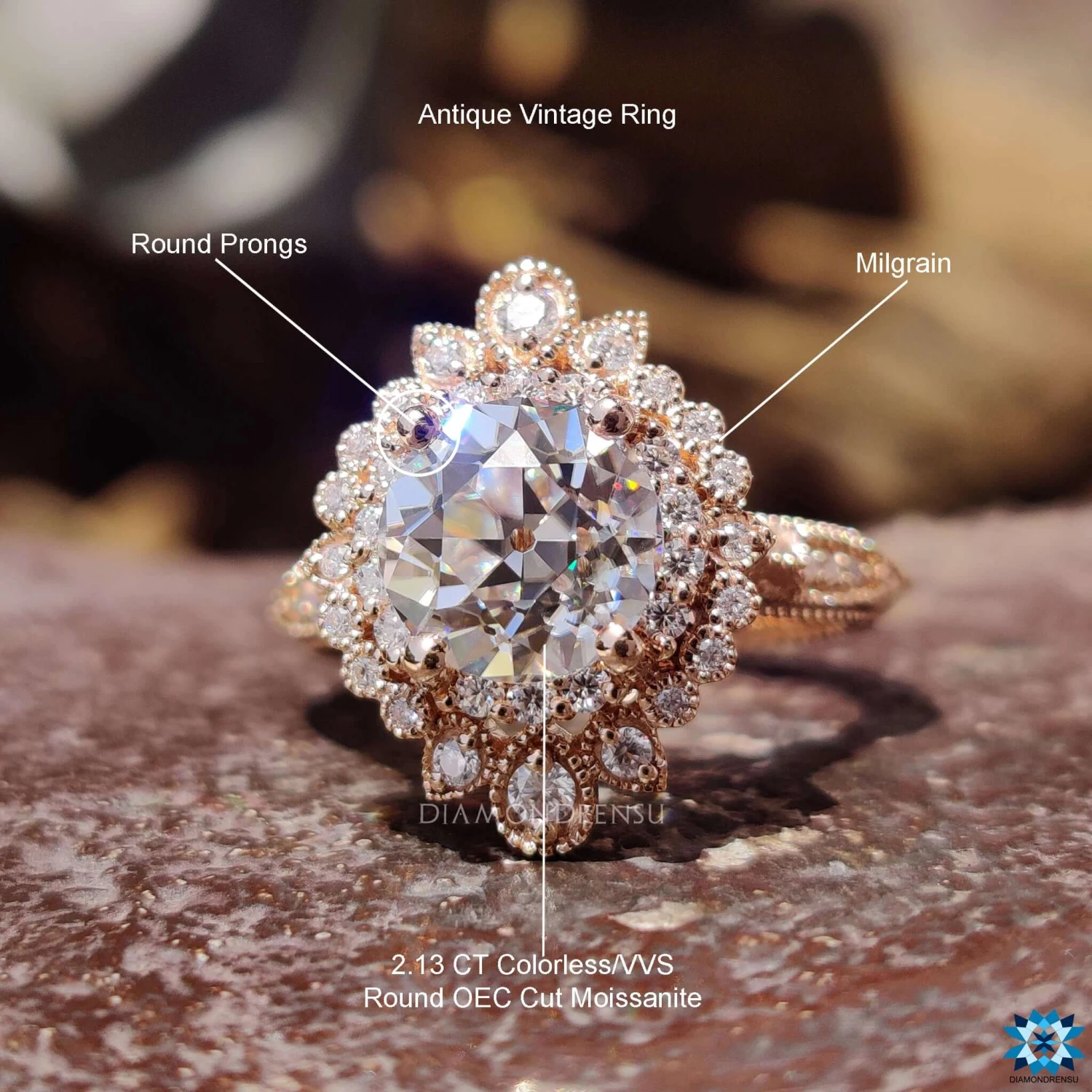 Art Nouveau 2.54 TW Round Old European Cut Halo Engagement Ring - Image 9